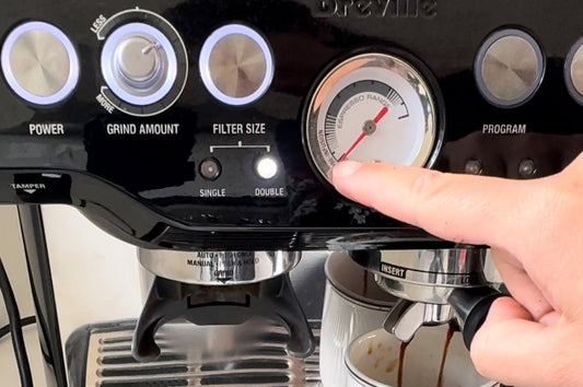 A close up of a Breville/sage bes870 pressure gauge not at correct pressure