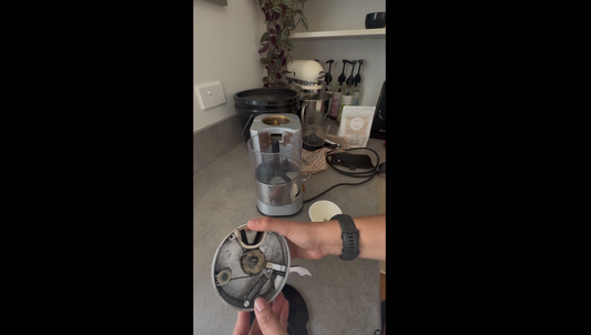 A disassembled grinder dosing chamber with spring visible